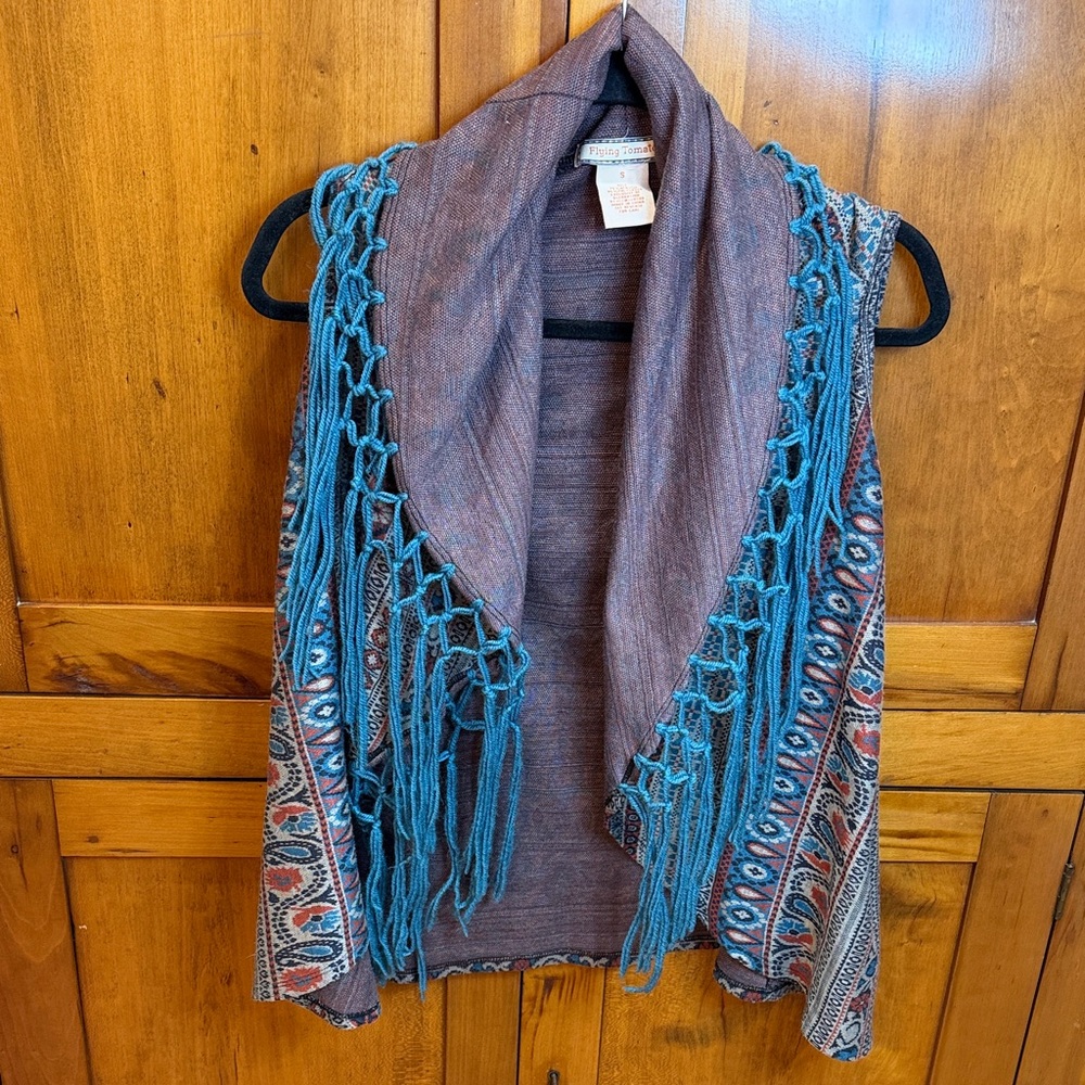 Flying Tomato Boho “New Mexico Nights” Knit Vest w/Blue Fringe, S- Bohemian